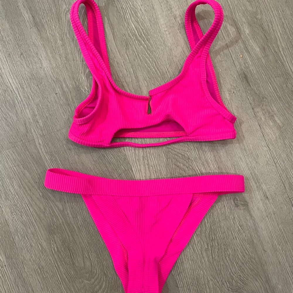 Frankies Bikinis Ribbed Cole Set in Neon Pink